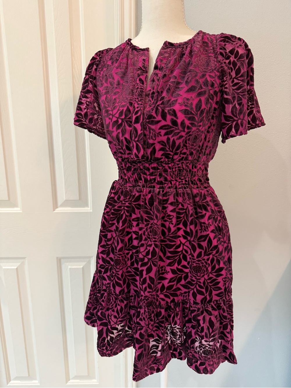 Anthropologie Velvet Details Mini Dress in Fuchsia and Black